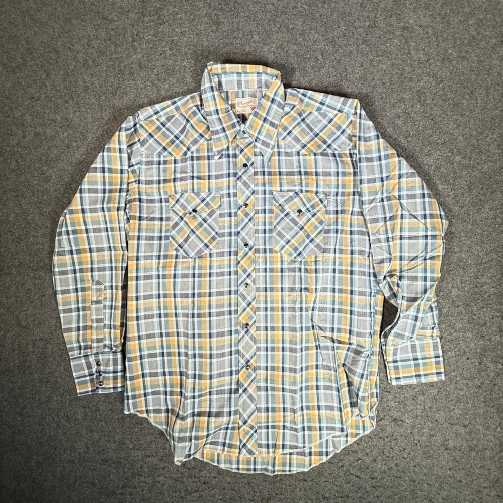 Vintage Wrangler Permanent Press Western Snap Shirt Plaid Long Tail 17-34 USA L